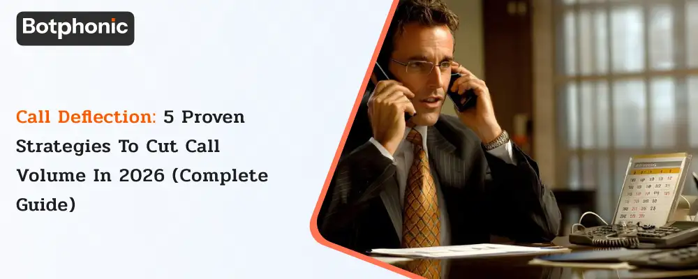 Call Deflection: 5 Proven Strategies to Cut Call Volume in 2026, modern customer support concept showing a digital dashboard with declining call metrics, AI chatbots handling inquiries, self-service options like FAQs and knowledge bases, and a customer service team monitoring reduced call volume in a sleek, tech-driven workspace.