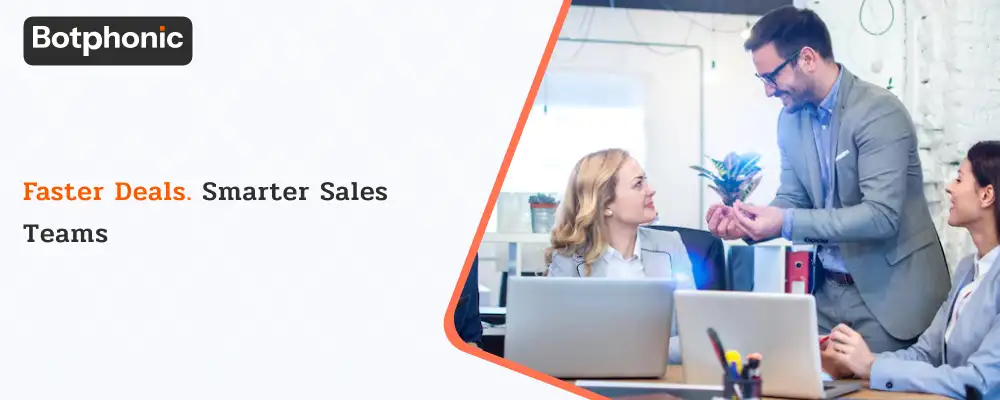 Banner with the headline “Faster Deals. Smarter Sales Teams.” featuring AI-powered sales automation, conversational AI tools, sales analytics dashboards, CRM workflows, and modern sales team collaboration visuals.