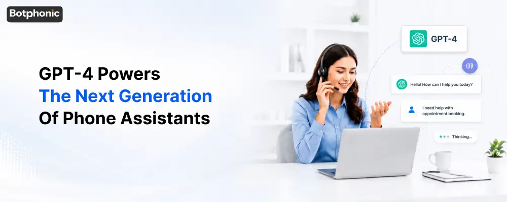 Botphonic banner showing a customer support agent using a GPT-4 powered AI phone assistant for automated appointment booking.