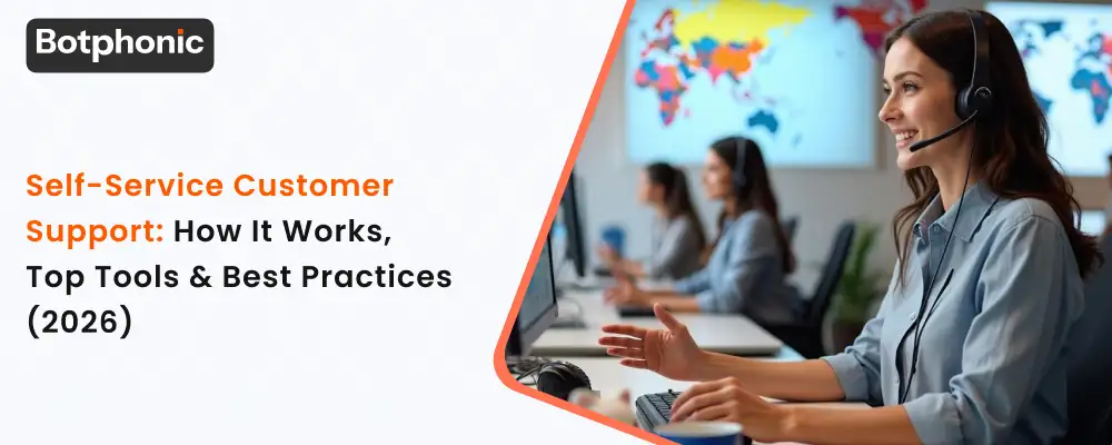 Overview of self-service customer support in 2026 showing how it works, key tools, and best practices, highlighting AI chatbots, voice agents, knowledge bases, automation workflows, and 24/7 customer assistance across industries.