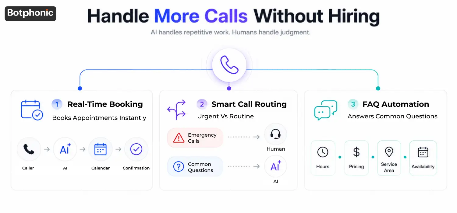 Feature overview of an AI receptionist platform including real-time appointment booking, smart call routing, FAQ automation, call summaries, calendar integration, and 24/7 customer support.