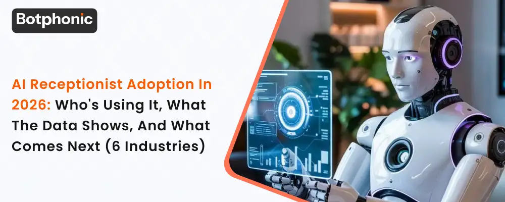AI receptionist at a modern reception desk in 2026, replacing traditional front desk staffing across healthcare, hospitality, legal, and financial services industries