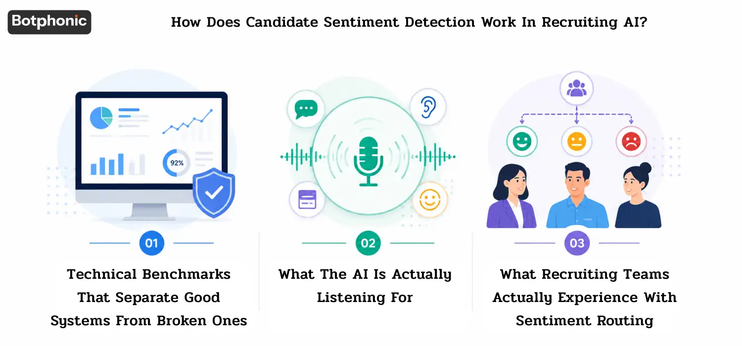 **Alt Text (150 characters):**
Illustration showing AI candidate sentiment detection using analytics, voice analysis, and emotion routing to improve recruiting experiences.