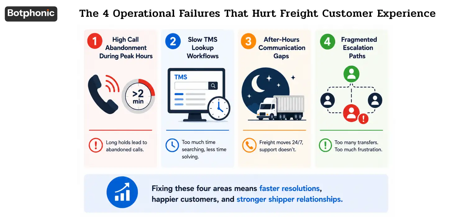 Freight customer experience breakdown showing four operational failures: call abandonment, slow TMS lookups, after-hours gaps, and fragmented escalation paths in logistics contact centers.