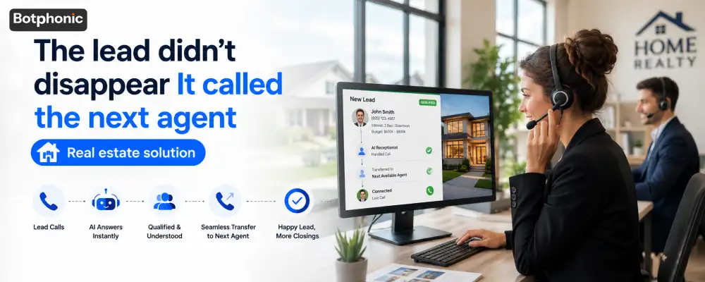 Real estate agents at desks with headsets. Text: The lead didn't disappear It called the next agent. AI routing workflow shown.
