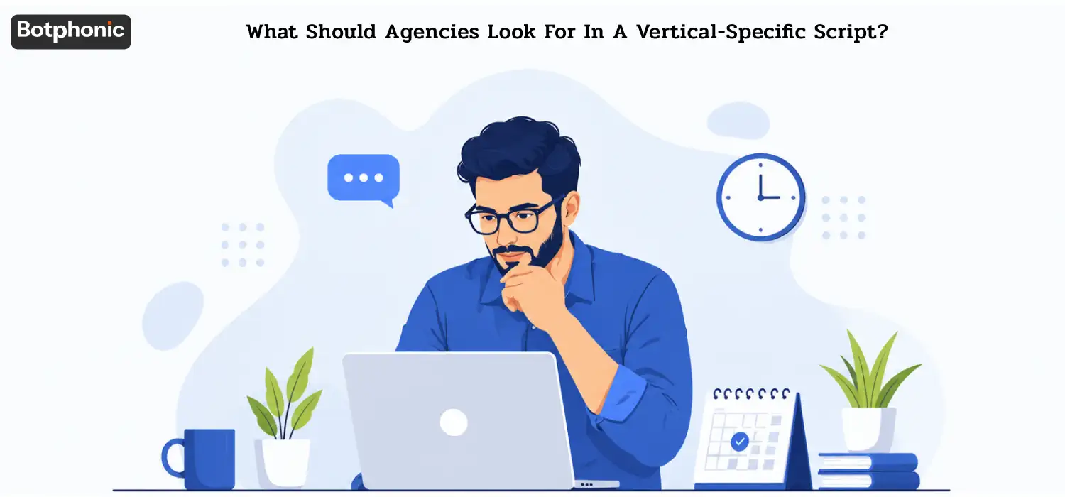Illustration of a professional working on a laptop at a desk. Text: "What Should Agencies Look For In A Vertical-Specific Script?" by Botphonic.