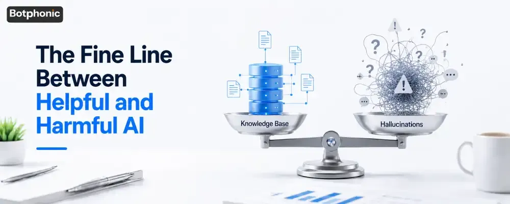 Voice AI Knowledge Base illustration showing a balanced comparison between a structured knowledge base and AI hallucinations, highlighting how accurate data sources help Voice AI deliver reliable answers, reduce misinformation, and improve customer interactions.
