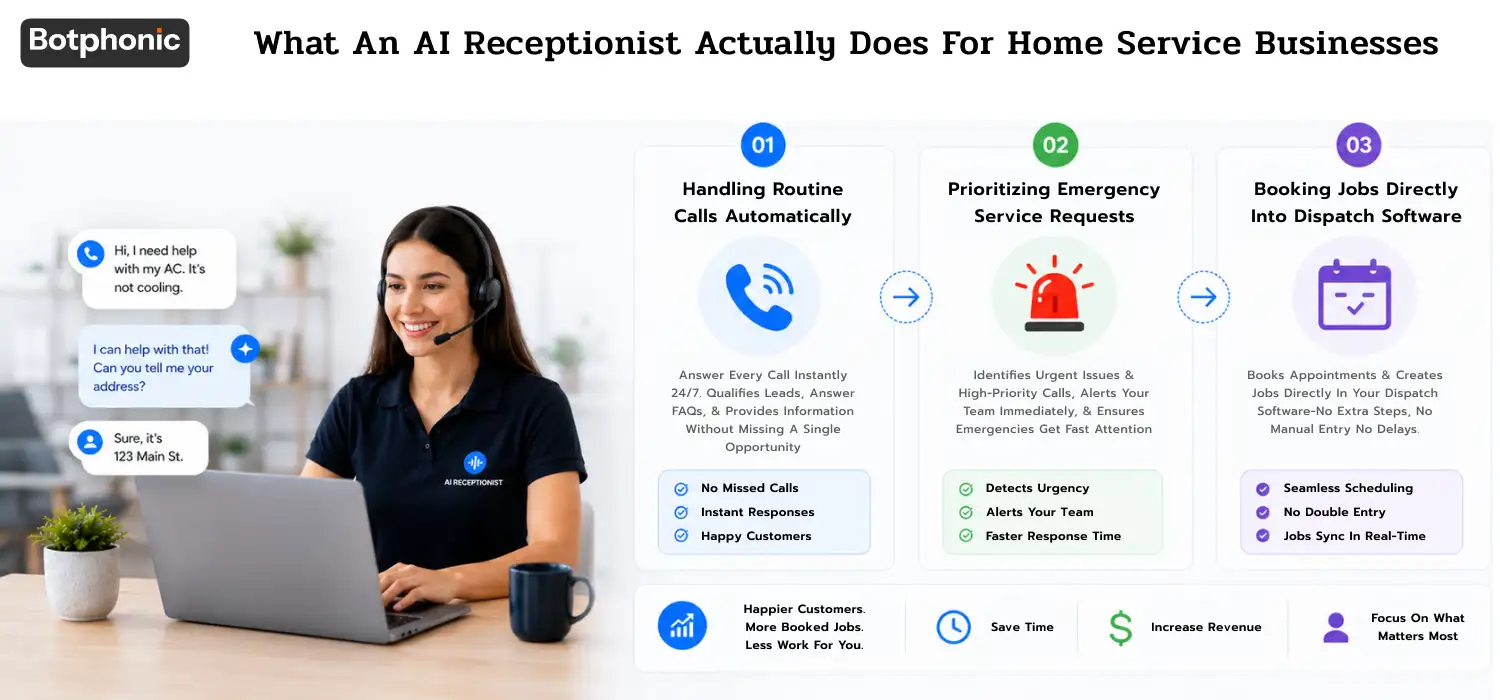 AI receptionist infographic for home service businesses showing virtual assistant handling customer calls, prioritizing emergency requests, booking jobs into dispatch software, and improving scheduling efficiency.