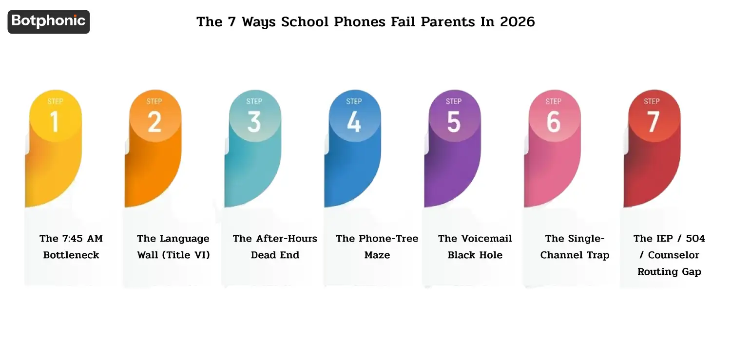 Infographic explaining seven common failures in school phone systems in 2026, including long hold times, language barriers, voicemail issues, confusing phone trees, after-hours communication gaps, disconnected parent communication channels, and poor routing for sensitive student support calls.