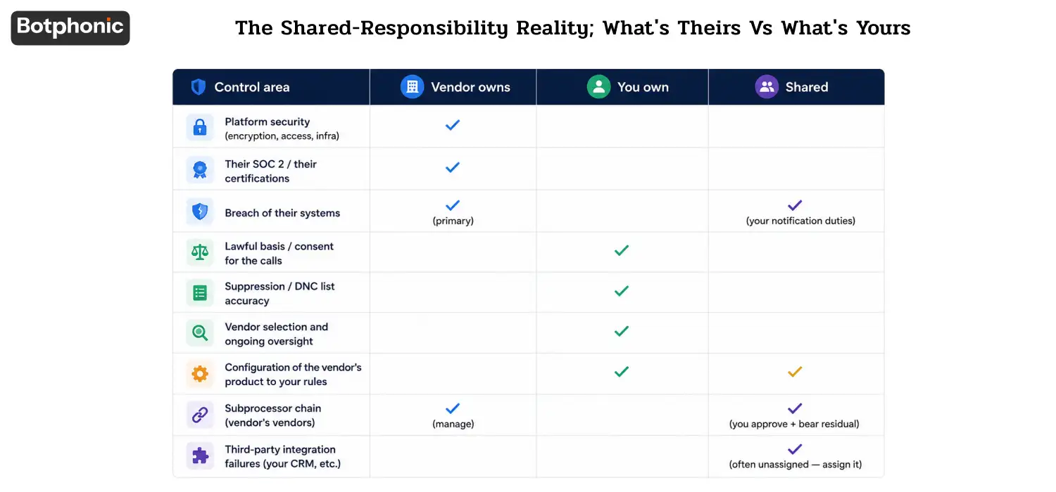 Diagram showing shared responsibility between AI vendors and businesses, mapping ownership of security, compliance, consent, and integration risks.