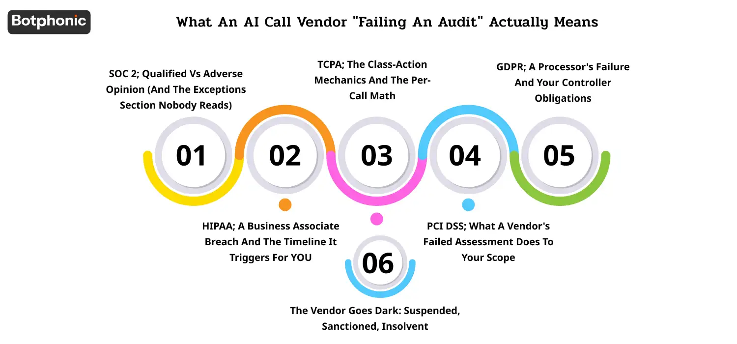 Illustration explaining AI vendor audit outcomes including SOC 2 findings, HIPAA breaches, TCPA liability, PCI DSS scope impact, and GDPR obligations.