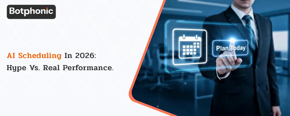 Banner with the headline “AI Scheduling in 2026: Hype vs. Real Performance” featuring a modern comparison of AI scheduling tools, real-world business automation, voice AI, calendars, analytics, and customer booking workflows.