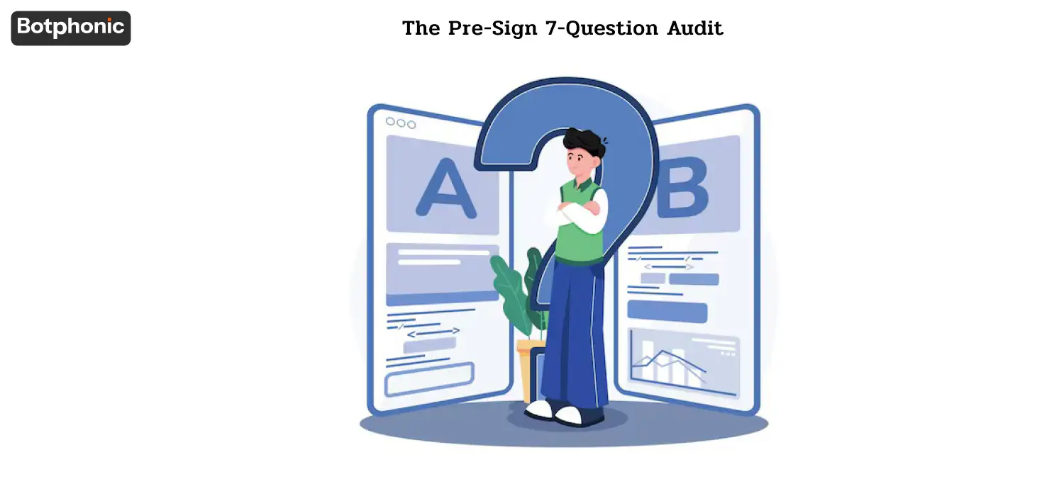 Alt text: “Checklist of seven pre-sign audit questions for evaluating AI call center and contact center vendors, covering channel mix, pricing, AI capability, CRM integration, implementation timeline, contract exit options, and channel-specific compliance requirements.”