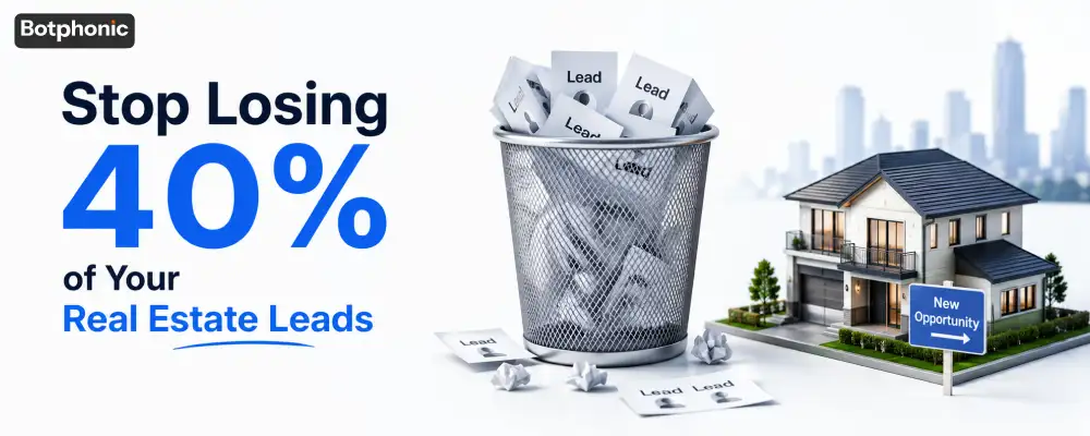 Illustration of lost real estate leads with a trash bin, house, and new opportunity sign.